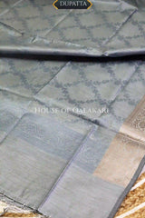 Banarasi Chanderi Cotton Unstitched Dress Material in Grey and with matching floral vine jaal dupatta – dupatta