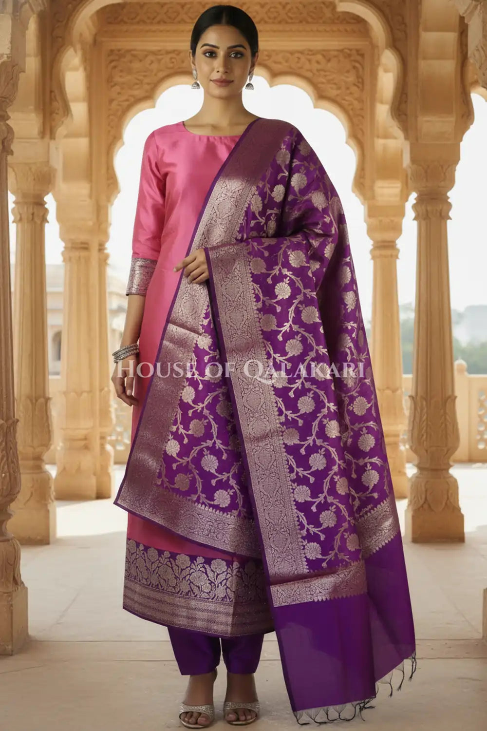 Banarasi silk Unstitched Dress Material in Rose Pink and Dark Purple contrast with Intricate Zari Buti – front pose