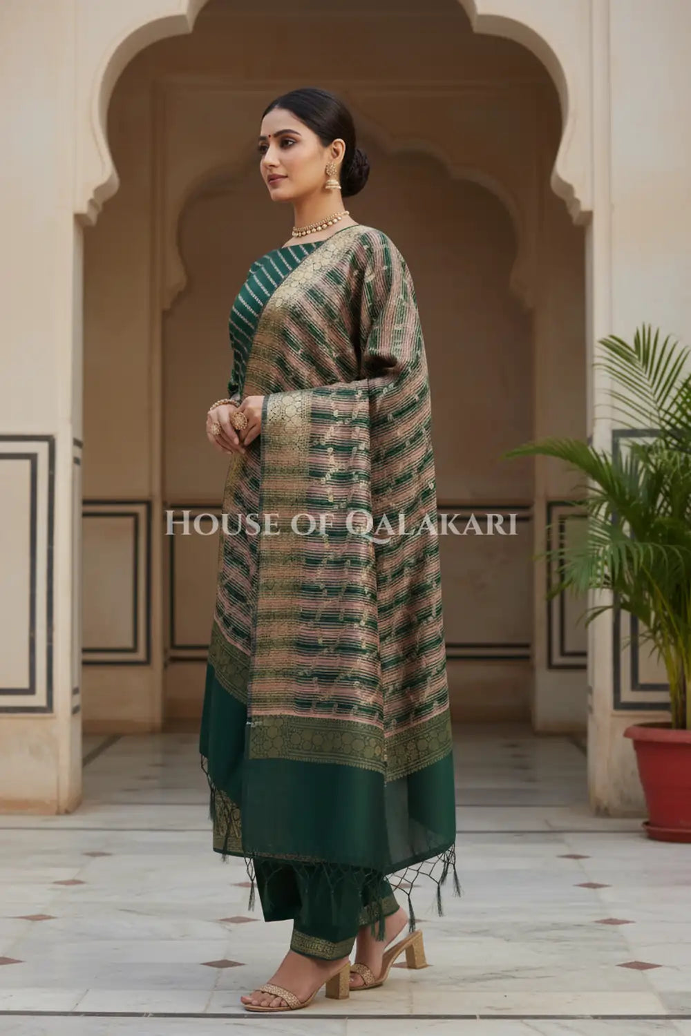 Banarasi Cotton Silk blend Unstitched Dress Material in Bottle Green and with Bandhani-Leheriya inspired work – side pose
