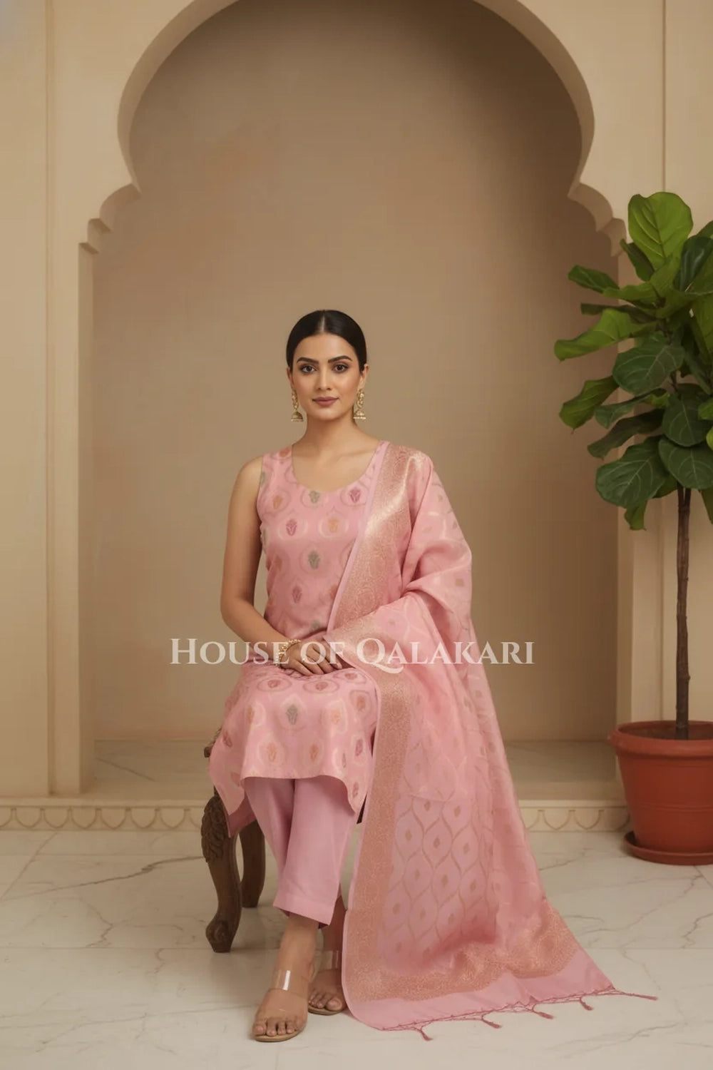 Pastel pink Banarasi Chanderi Cotton Unstitched Dress Material with Zari Work – sitting pose