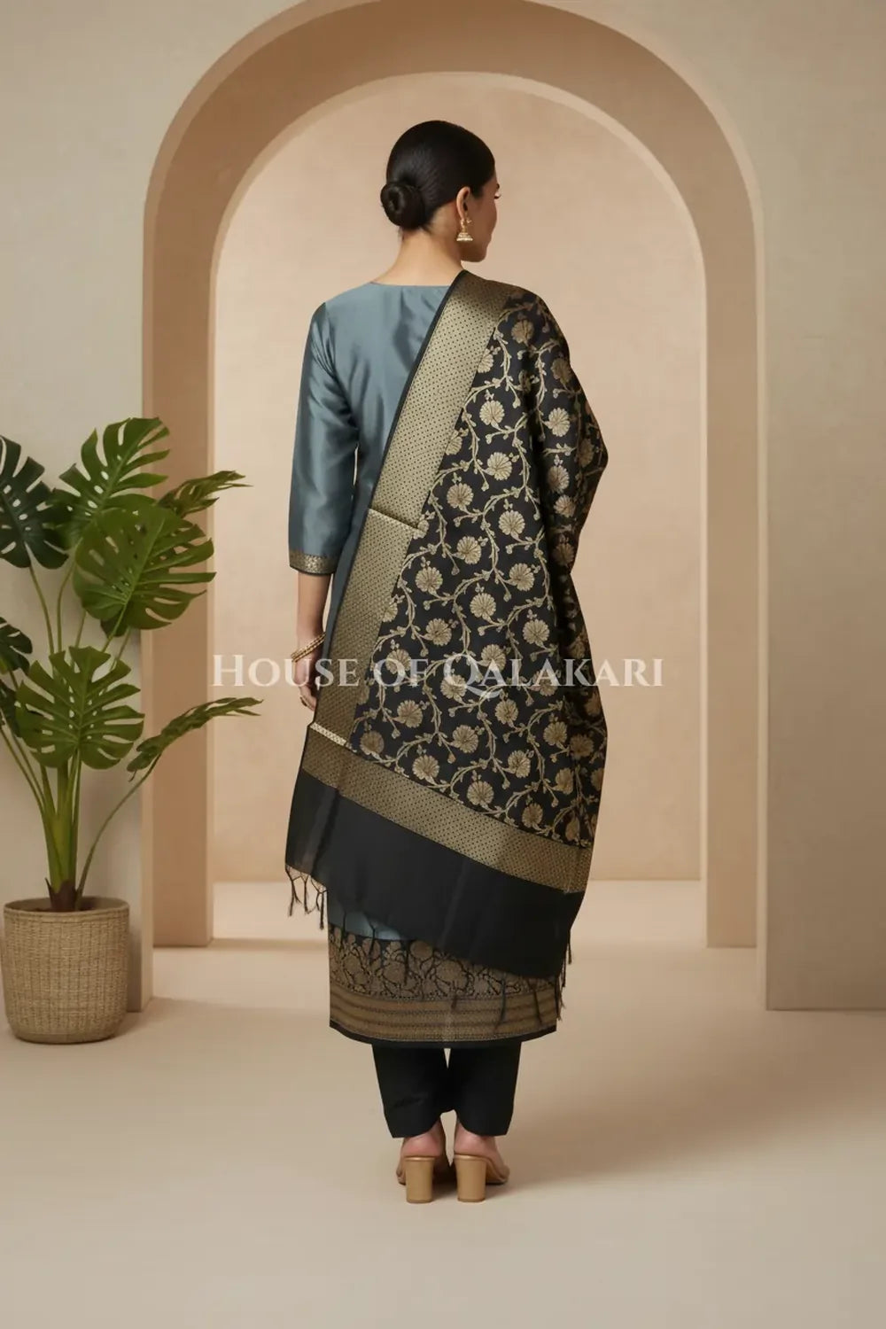 Banarasi silk Unstitched Dress Material in grey and black contrast with Intricate Zari Buti – back pose
