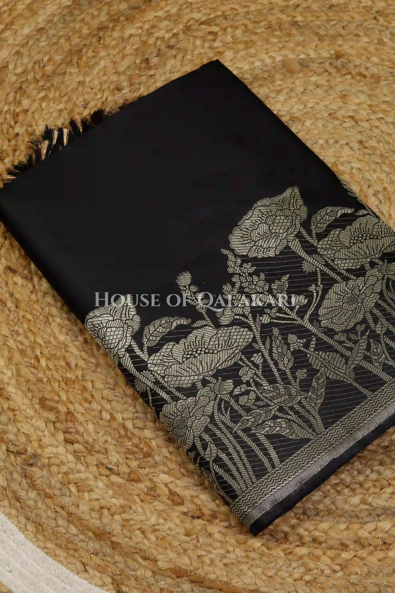 Banarasi silk Unstitched Dress Material in Black and with lotus floral border and diagonal striped zari work dupatta – kurta