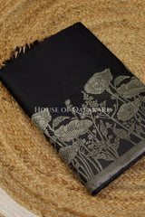 Banarasi silk Unstitched Dress Material in Black and with lotus floral border and diagonal striped zari work dupatta – kurta