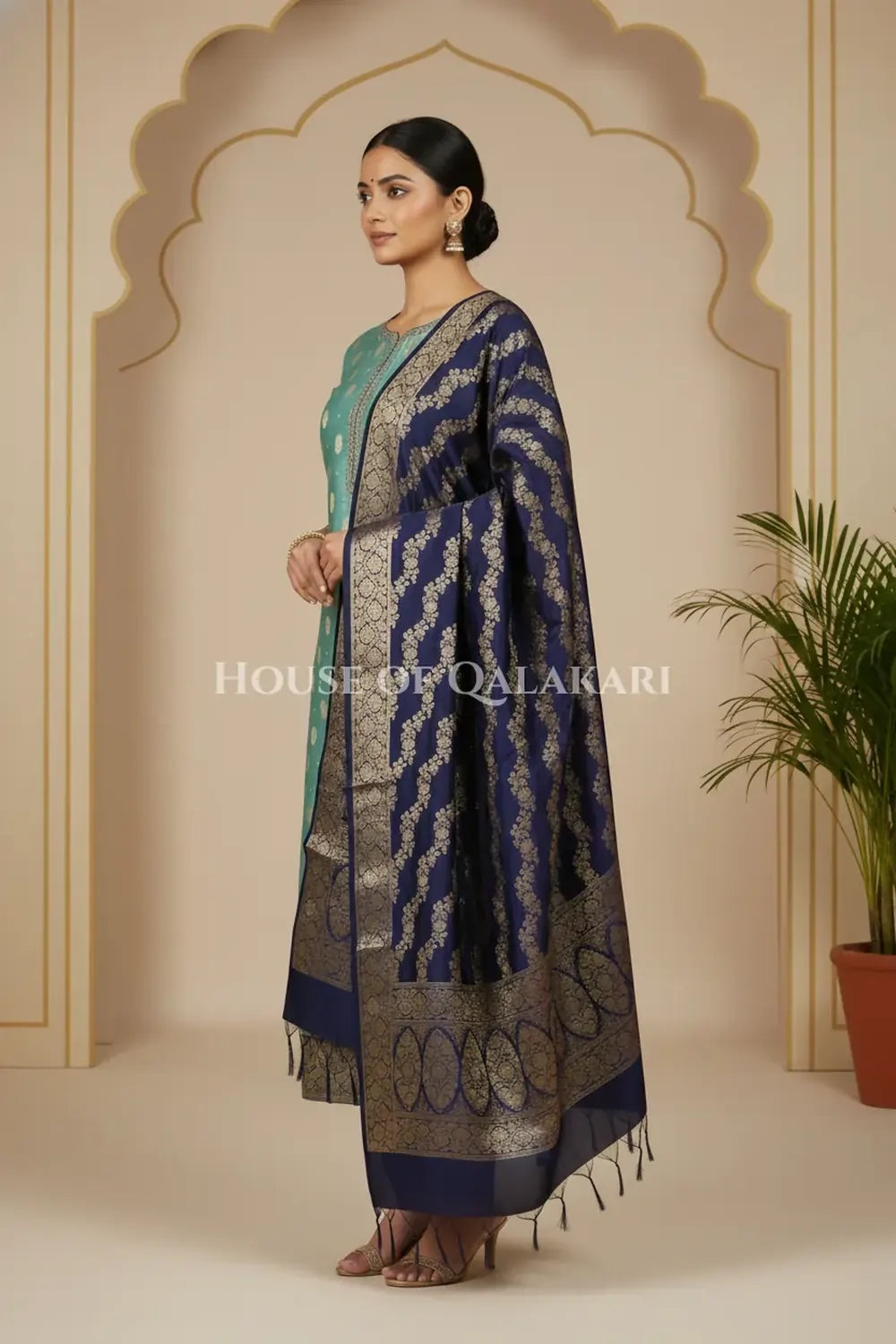 Banarasi Silk in sky blue and navy blue contrast with Intricate Zari Buti – side pose