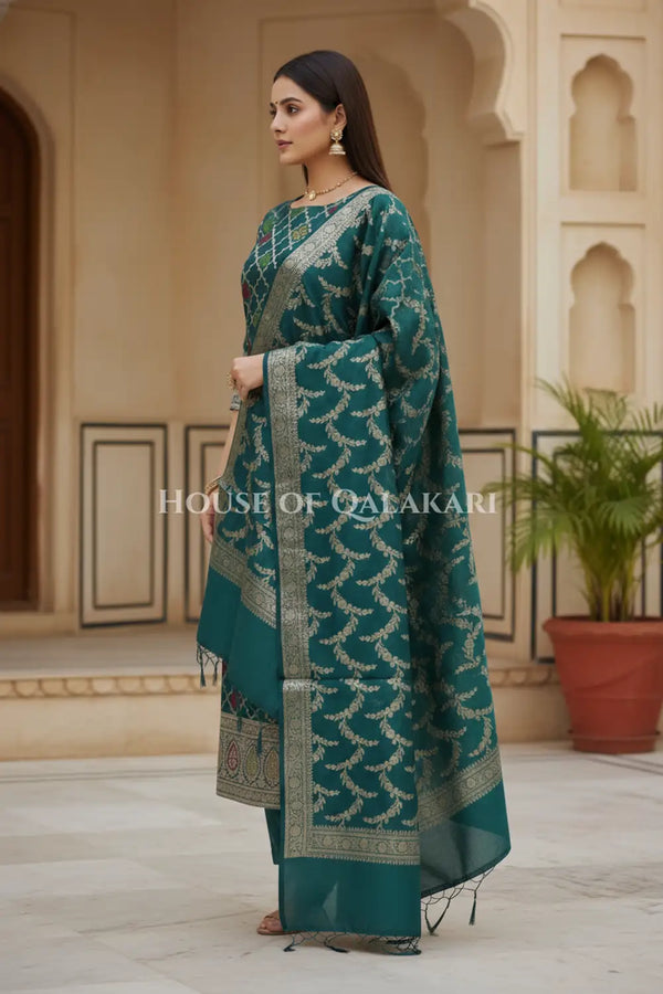 Banarasi Chanderi Cotton Unstitched Dress Material in Bottle Green and with matching floral vine jaal dupatta – side pose