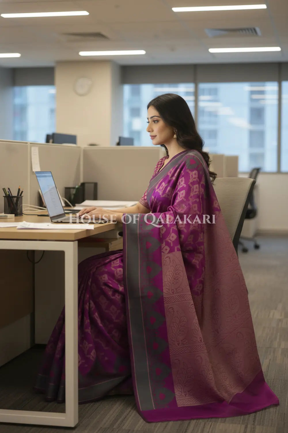 mulmul cotton patola saree office pose