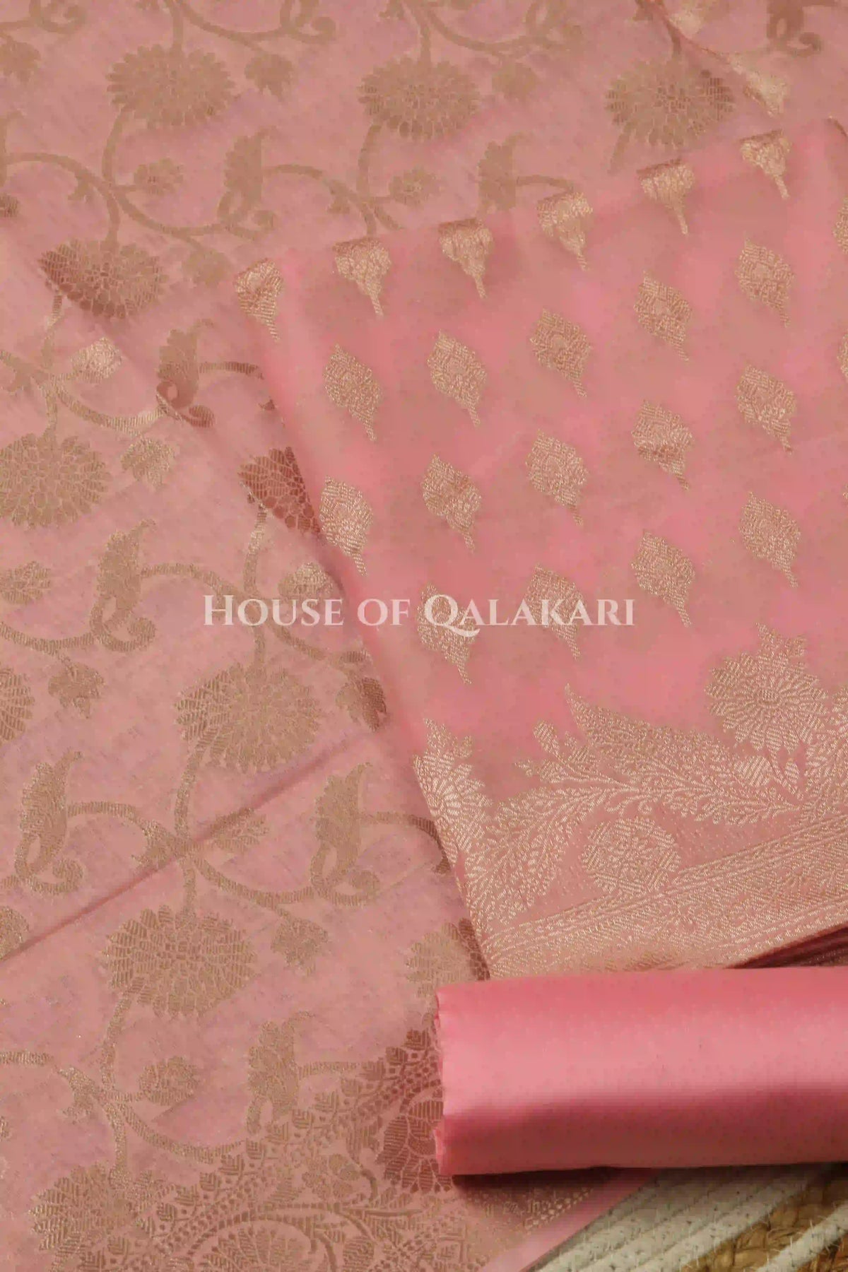 Banarasi Chanderi Cotton Unstitched Dress Material in Blush Pink with intricate Zari Buti work – product