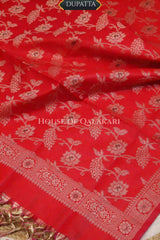 Banarasi Unstitched Dress Material in Rose Pink and with all over leaf buti and resham border along with floral resham jaal dupatta – dupatta