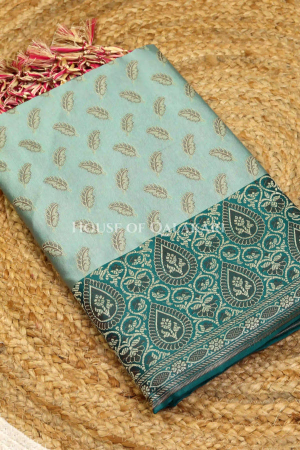Banarasi Unstitched Dress Material in Silver Green and with all over leaf buti and resham border along with floral resham jaal dupatta – kurta
