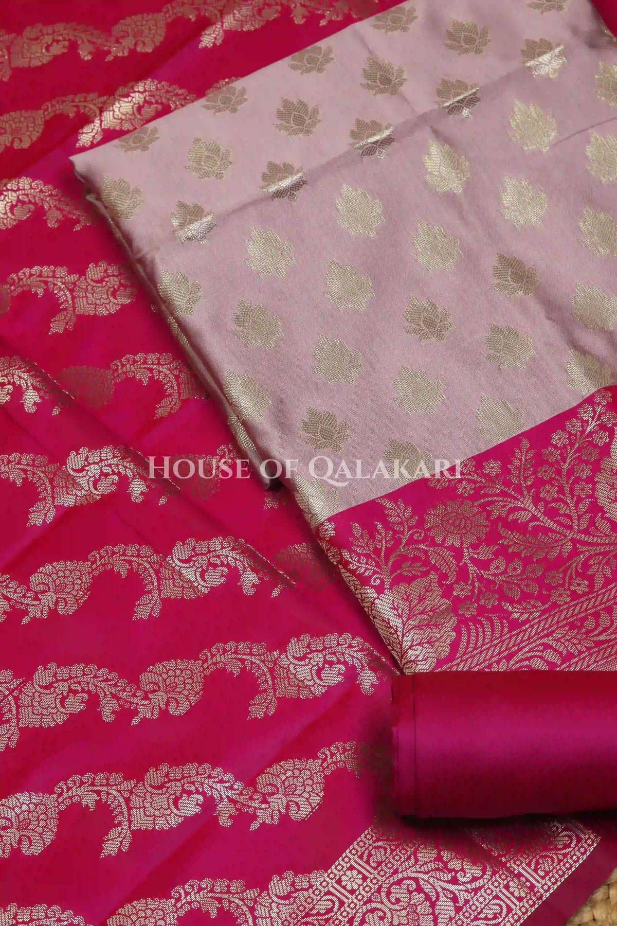 Banarasi Silk Unstitched Dress Material in Light Purple and rani pink contrast with Intricate Zari Buti – product