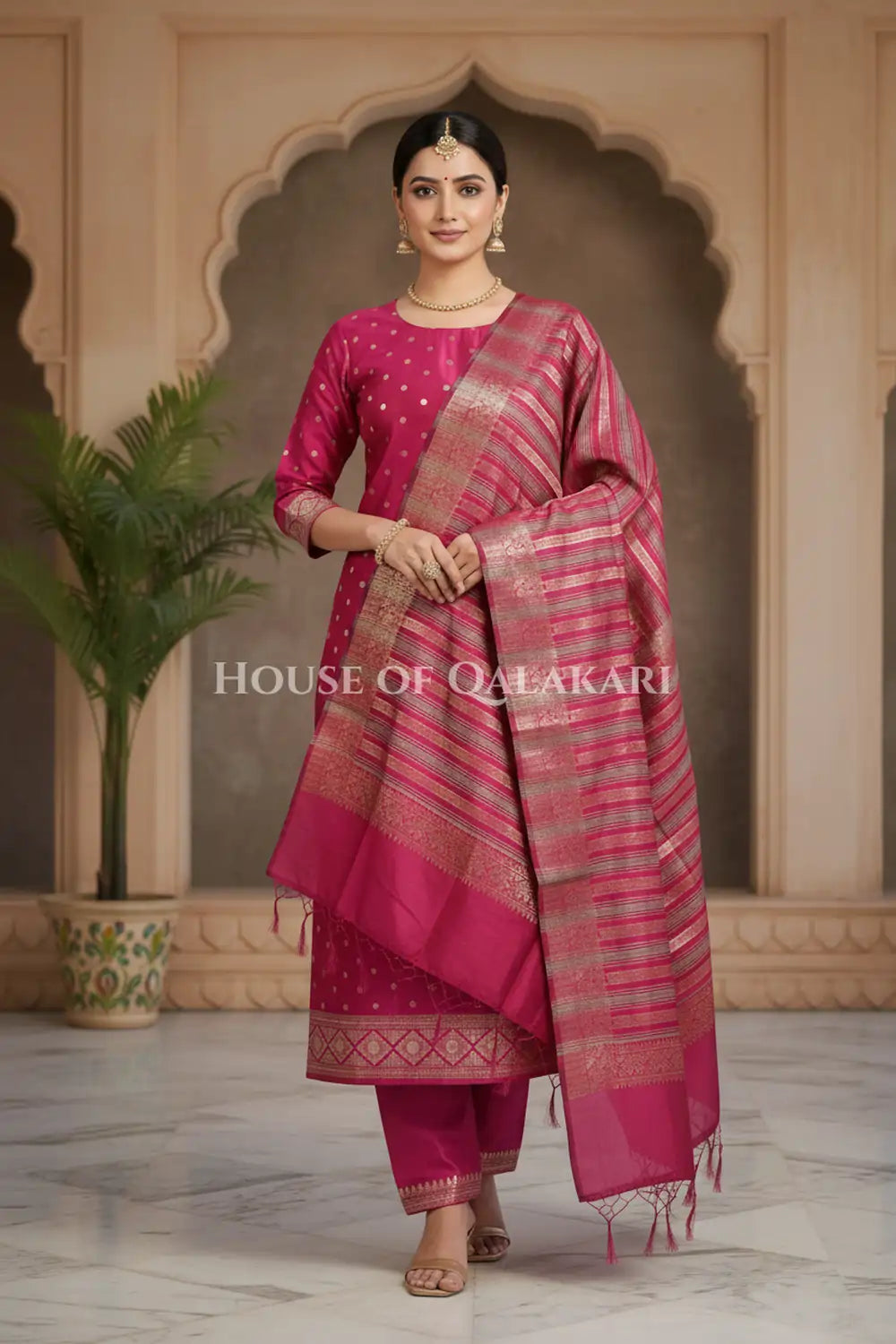 Banarasi Cotton Silk blend Unstitched Dress Material in Pink and with gol buti( Polka dots) inspired work – wedding pose