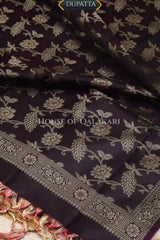 Banarasi Unstitched Dress Material in apricot beige and with all over leaf buti and resham border along with floral resham jaal dupatta – dupatta