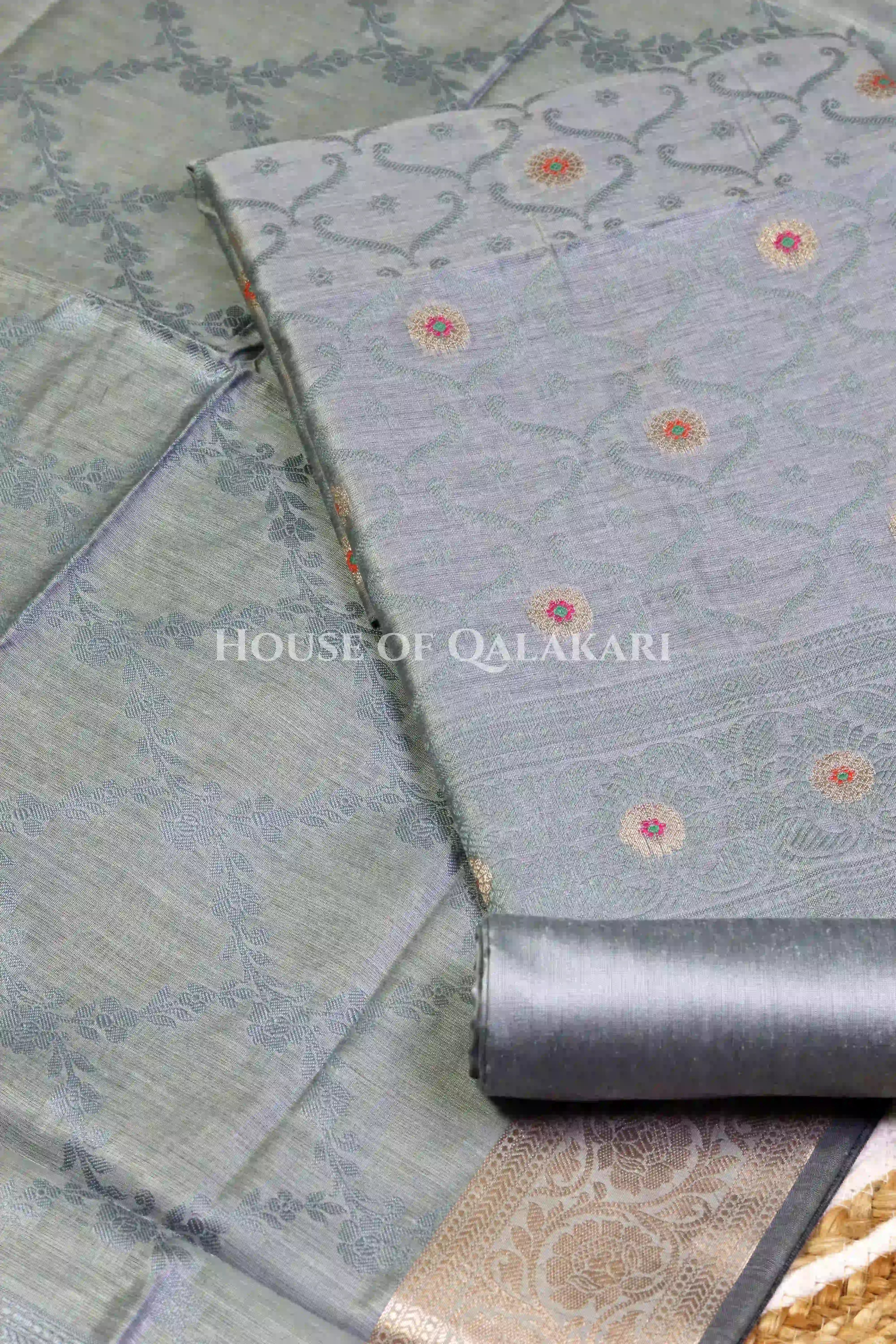Banarasi Chanderi Cotton Unstitched Dress Material in Grey and with matching floral vine jaal dupatta – product