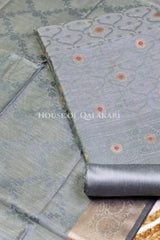 Banarasi Chanderi Cotton Unstitched Dress Material in Grey and with matching floral vine jaal dupatta – product