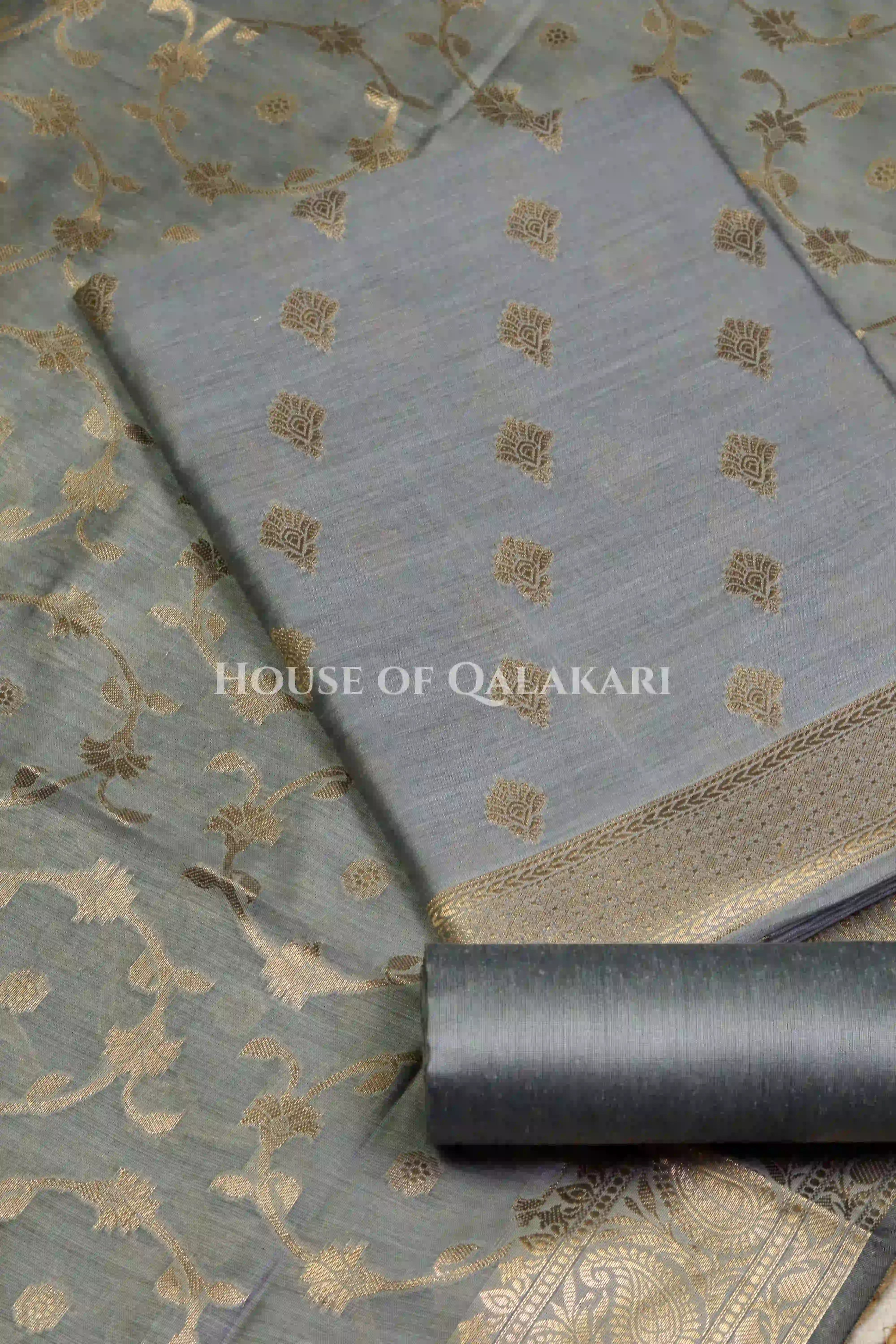 Banarasi Cotton Silk blend Unstitched Dress Material in Grey colour with Intricate Zari Diamond Buti – product