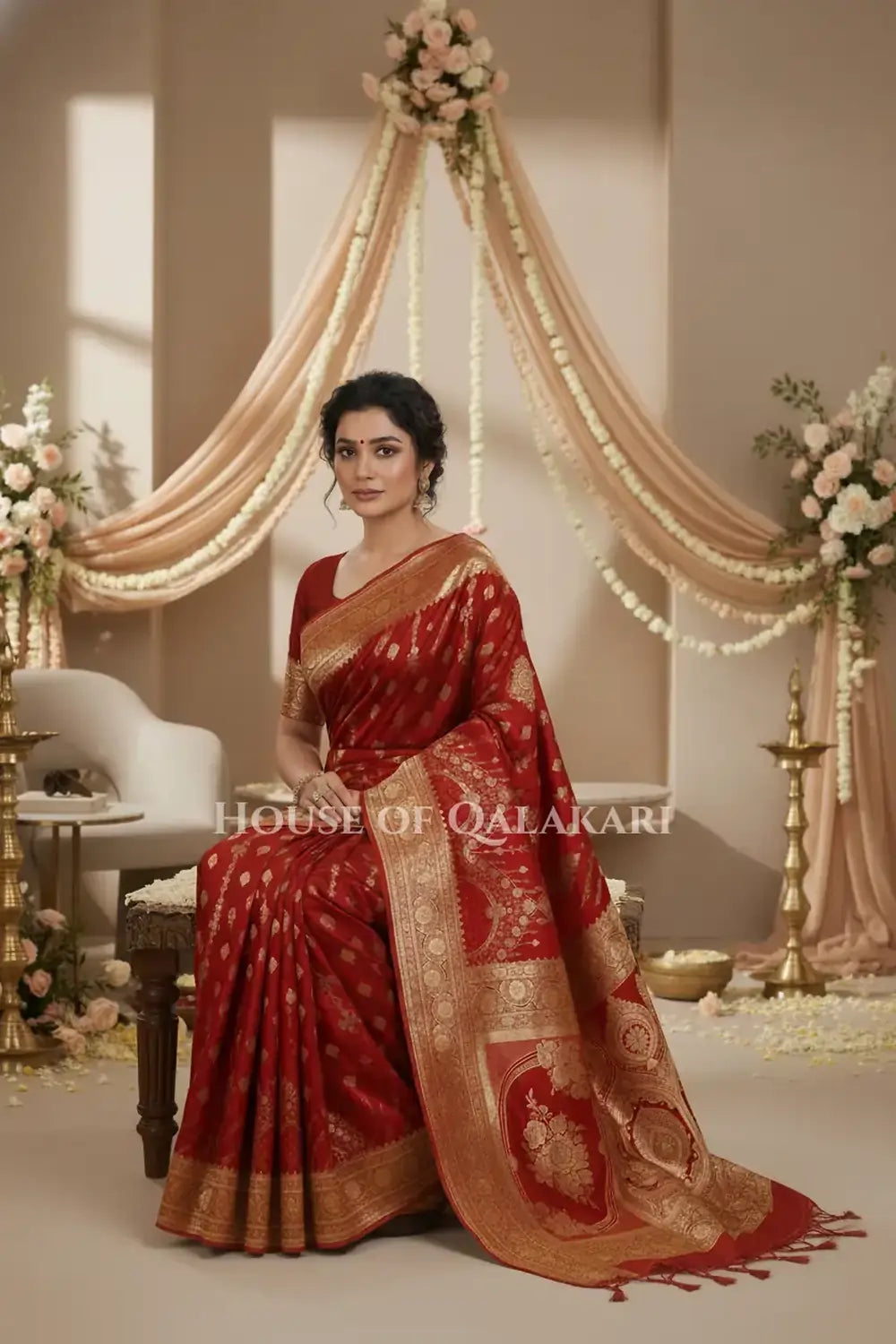 Double Katan Silk Saree sitting pose