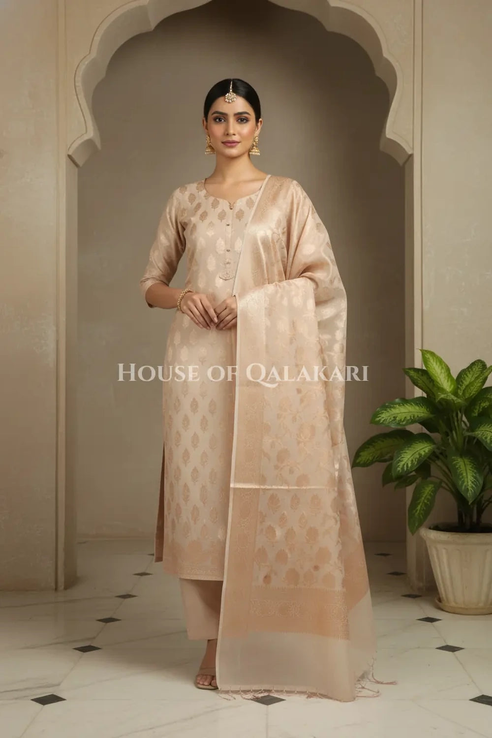 Banarasi Chanderi Cotton Unstitched Dress Material in Champagne beige with intricate Zari Buti work – festive