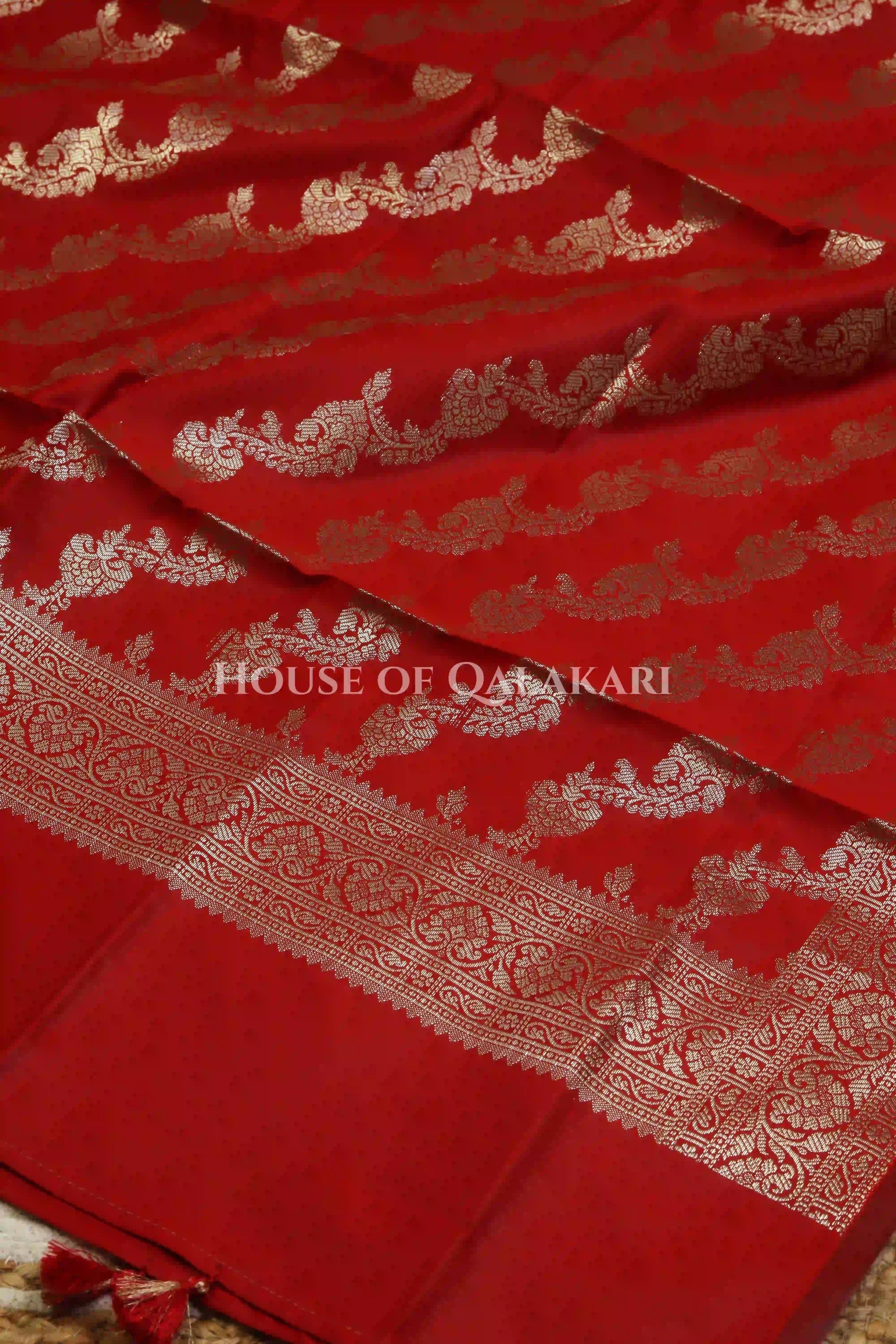 Banarasi Silk Unstitched Dress Material in Rose Pink and Red contrast with Intricate Zari Buti – dupatta