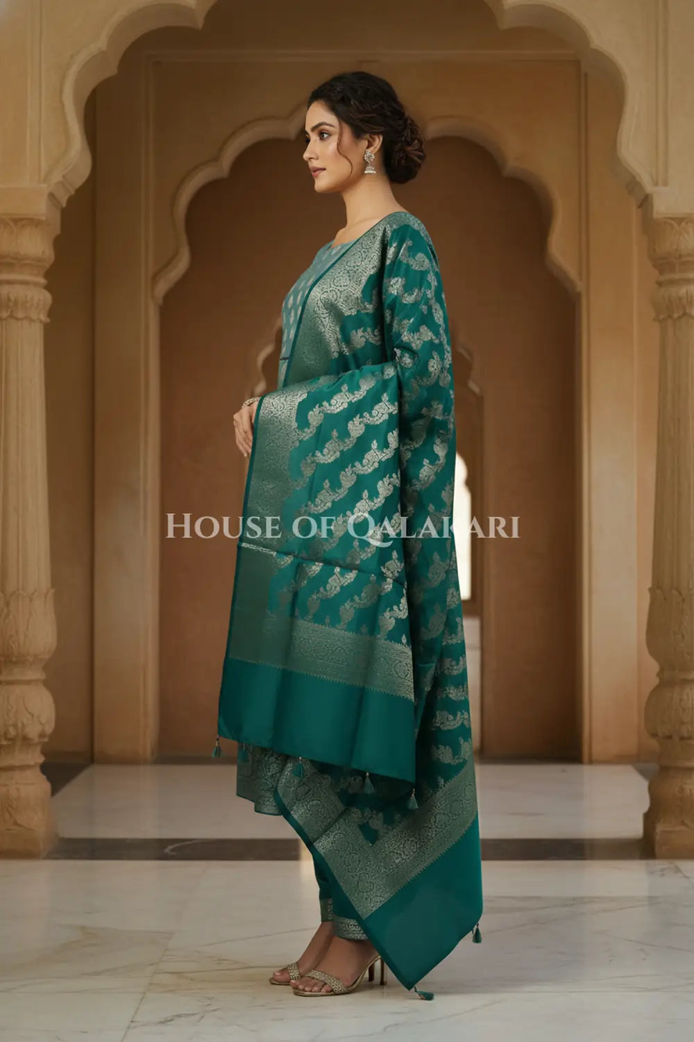 Banarasi Silk Unstitched Dress Material in Blue Grey and Deep Bluish Green contrast with Intricate Zari Buti – side pose