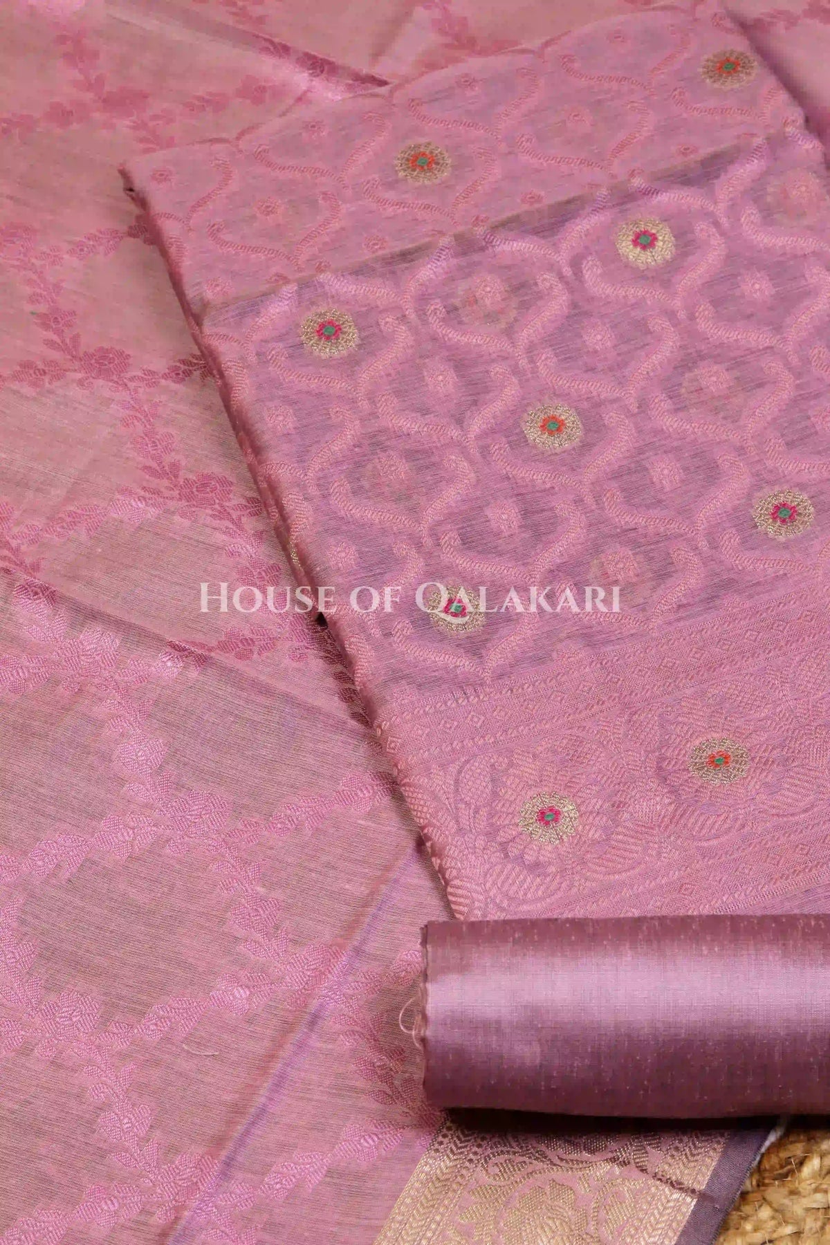 Banarasi Chanderi Cotton Unstitched Dress Material in Light Mauve and with matching floral vine jaal dupatta – product