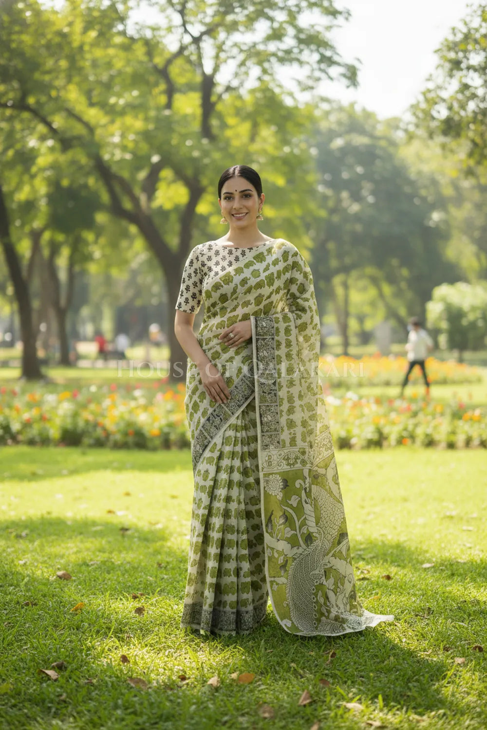 cotton kalamkari saree 0460 getting ready pose