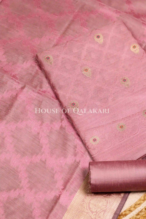Banarasi Unstitched Dress Material in Dusky Rose diamond Chokdi resham work kurta and zari border – product
