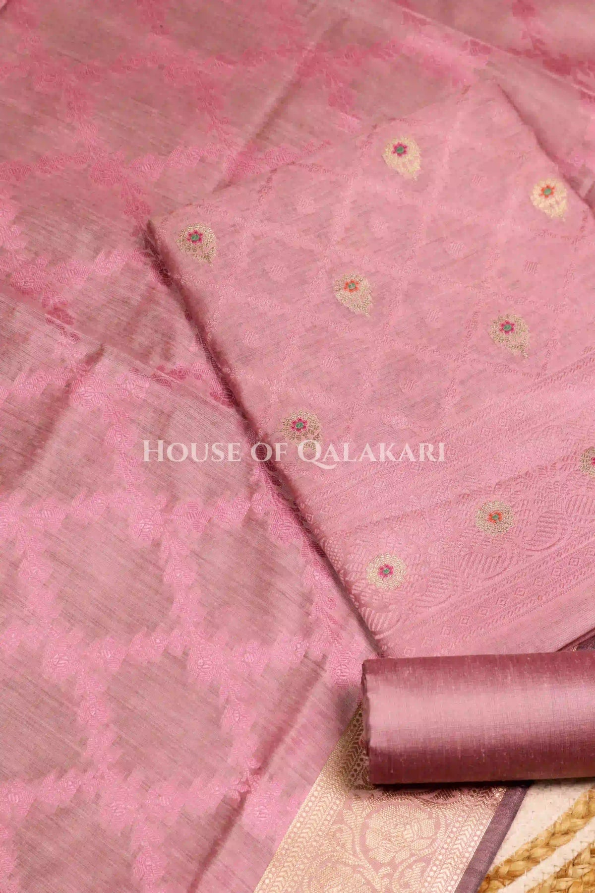 Banarasi Unstitched Dress Material in Dusky Rose diamond Chokdi resham work kurta and zari border – product