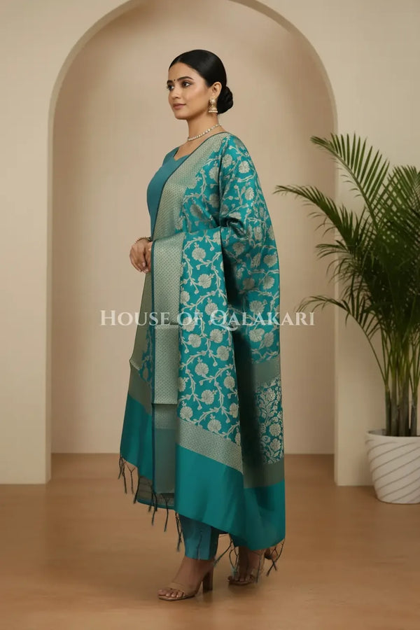 Banarasi silk Unstitched Dress Material in sky blue and blue contrast with Intricate Zari Buti – side pose