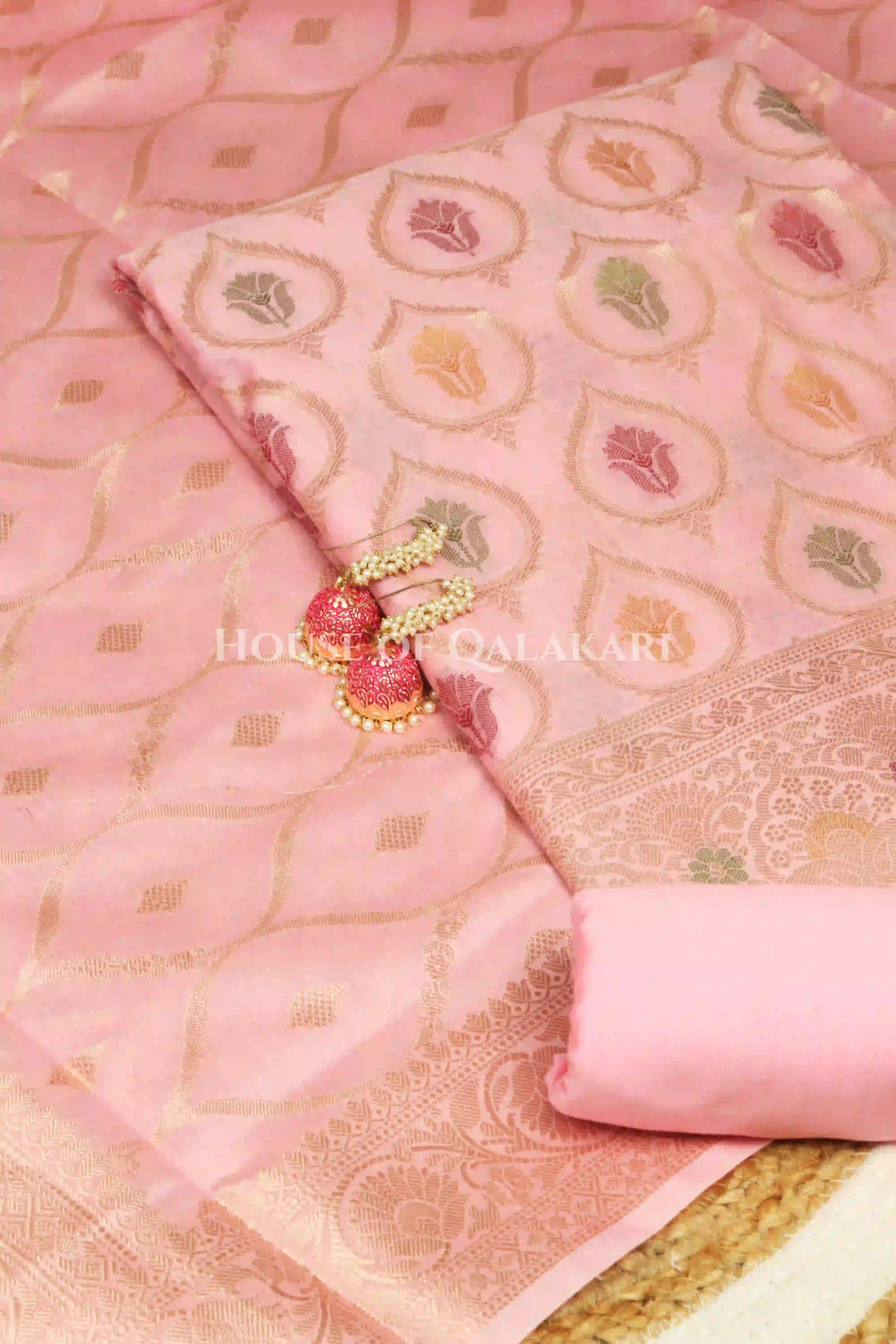 Pastel pink Banarasi Chanderi Cotton Unstitched Dress Material with Zari Work – product