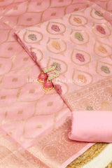 Pastel pink Banarasi Chanderi Cotton Unstitched Dress Material with Zari Work – product