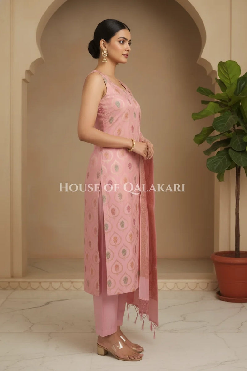 Pastel pink Banarasi Chanderi Cotton Unstitched Dress Material with Zari Work – side pose