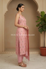 Pastel pink Banarasi Chanderi Cotton Unstitched Dress Material with Zari Work – side pose