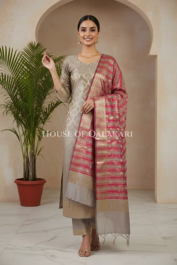 Banarasi Cotton Silk blend Unstitched Dress Material in Rosy Brown and with contrast Burgundy-Rosy Brown striped dupatta – festive pose