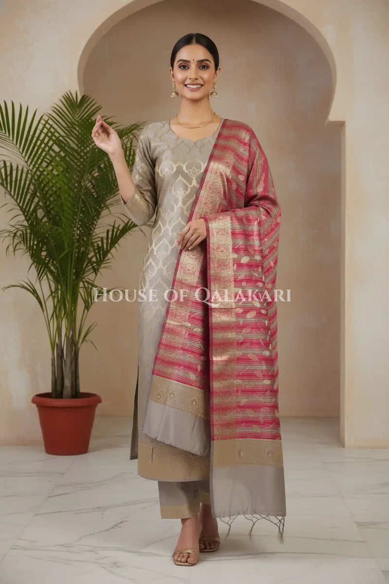 Banarasi Cotton Silk blend Unstitched Dress Material in Rosy Brown and with contrast Burgundy-Rosy Brown striped dupatta – festive pose