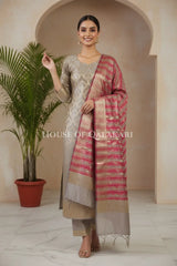 Banarasi Cotton Silk blend Unstitched Dress Material in Rosy Brown and with contrast Burgundy-Rosy Brown striped dupatta – festive pose