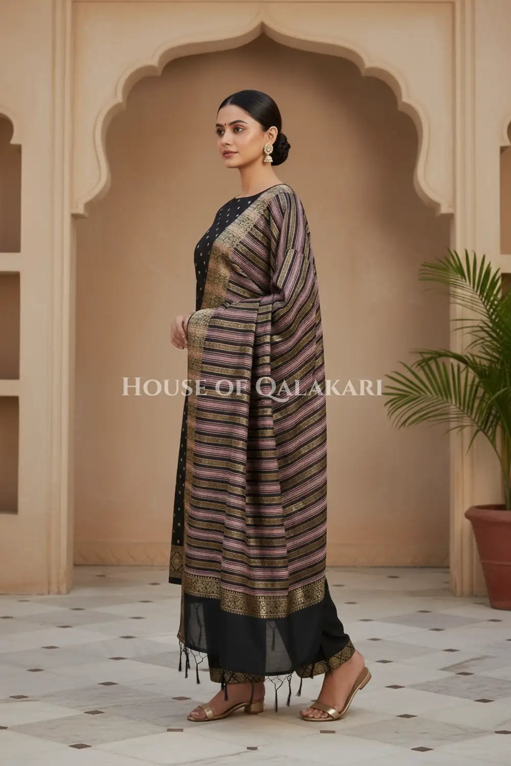 Banarasi Cotton Silk blend Unstitched Dress Material in Black and with gol buti( Polka dots) inspired work – side pose