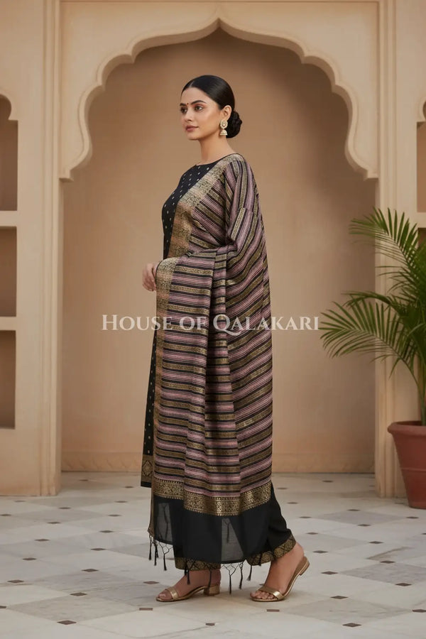 Banarasi Cotton Silk blend Unstitched Dress Material in Black and with gol buti( Polka dots) inspired work – side pose