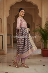 Banarasi Cotton Silk blend Unstitched Dress Material in Dusky Rose and with contrast Navy Blue-Dusky Rose striped dupatta – dramatic pose