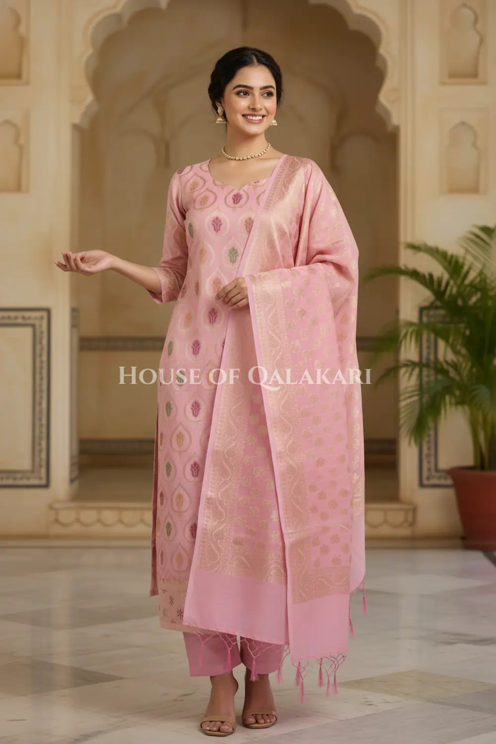Banarasi Chanderi Cotton Unstitched Dress Material in Light Pink and with matching floral vine jaal dupatta – festive pose