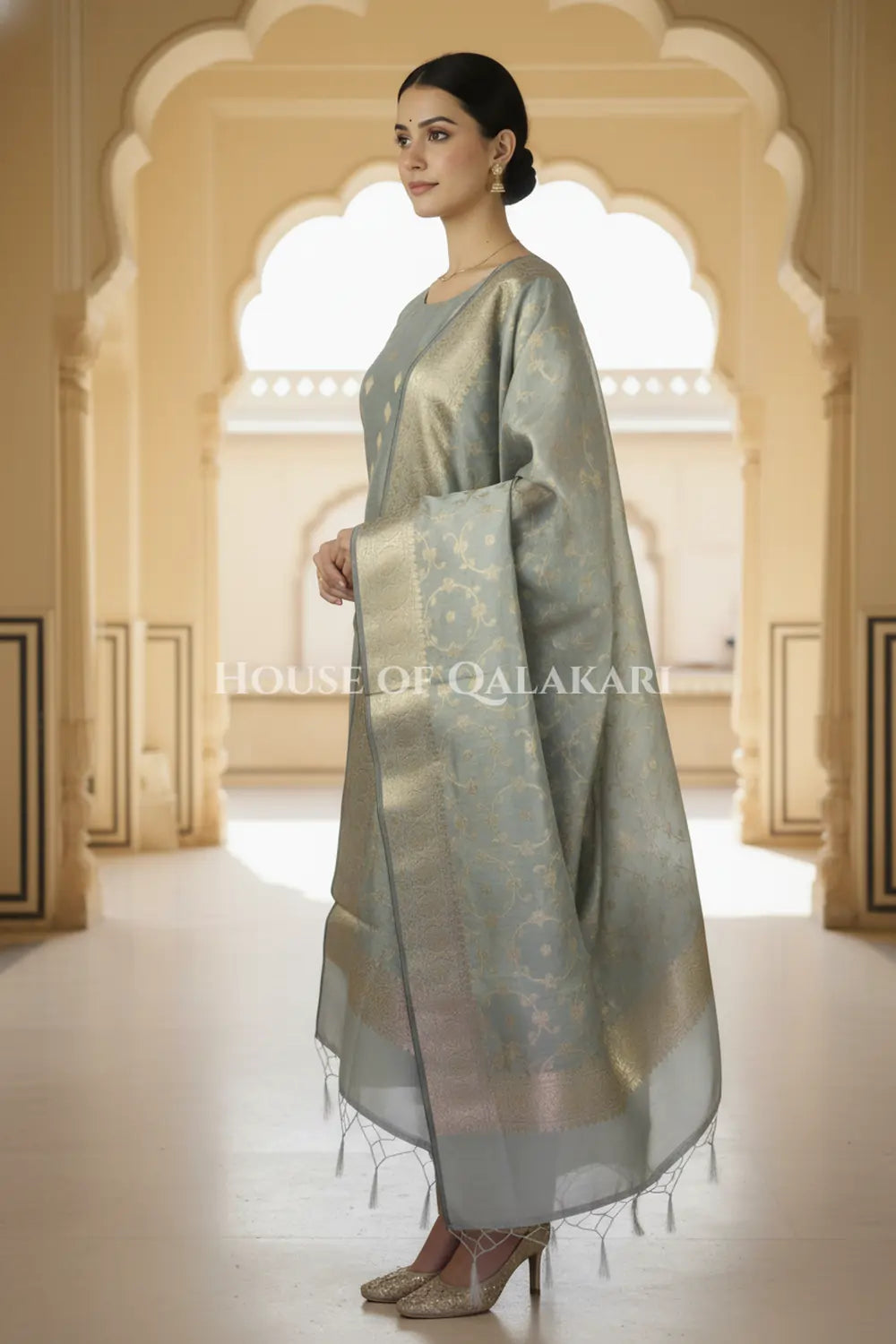 Banarasi Cotton Silk blend Unstitched Dress Material in Grey colour with Intricate Zari Diamond Buti – side pose