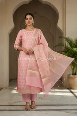 Banarasi Chanderi Cotton Unstitched Dress Material in Blush Pink with intricate Zari Buti work – front pose
