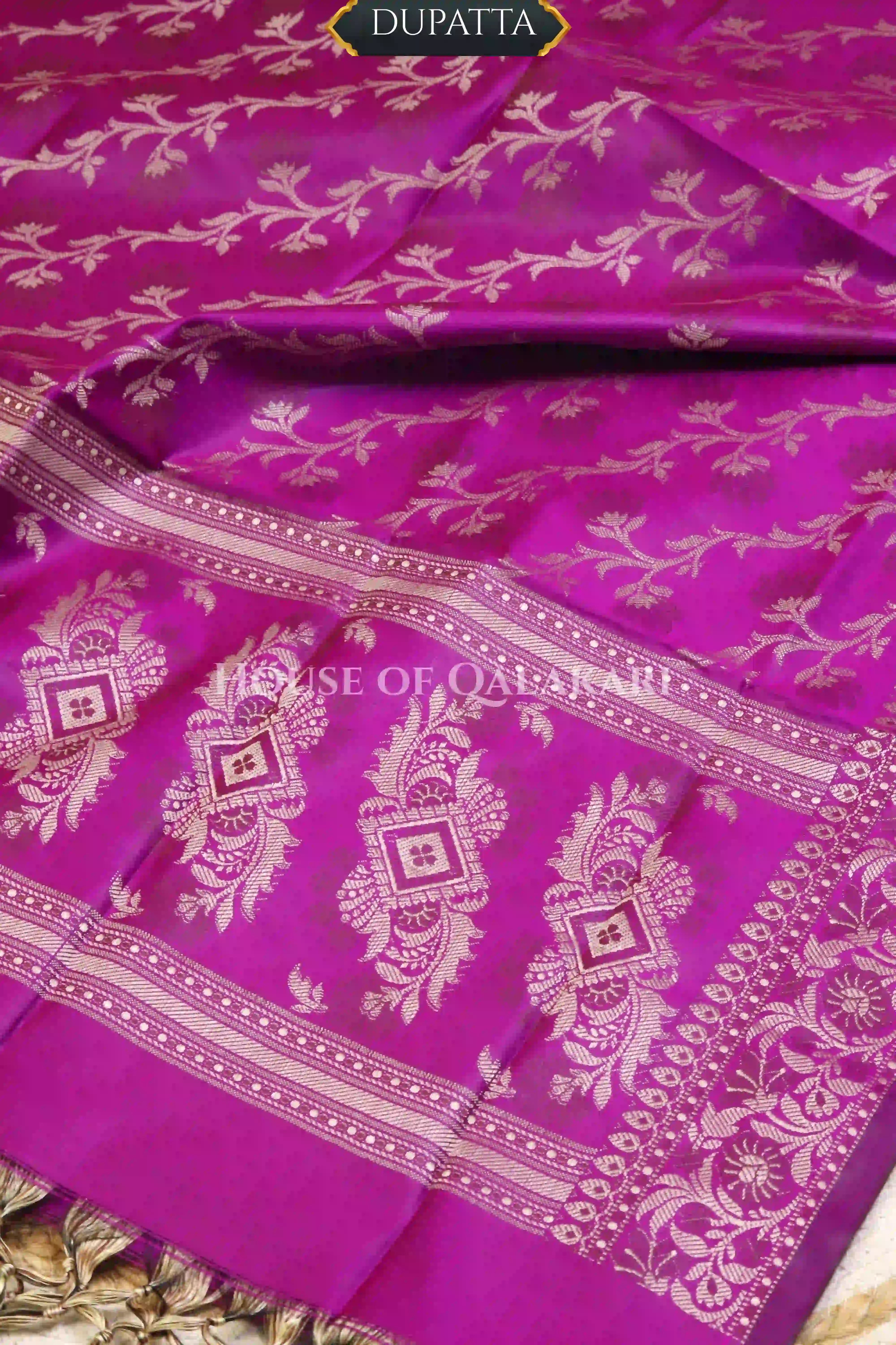 Banarasi Unstitched Dress Material in Rich Purple and with plain body and resham border and diagonally striped resham dupatta – dupatta