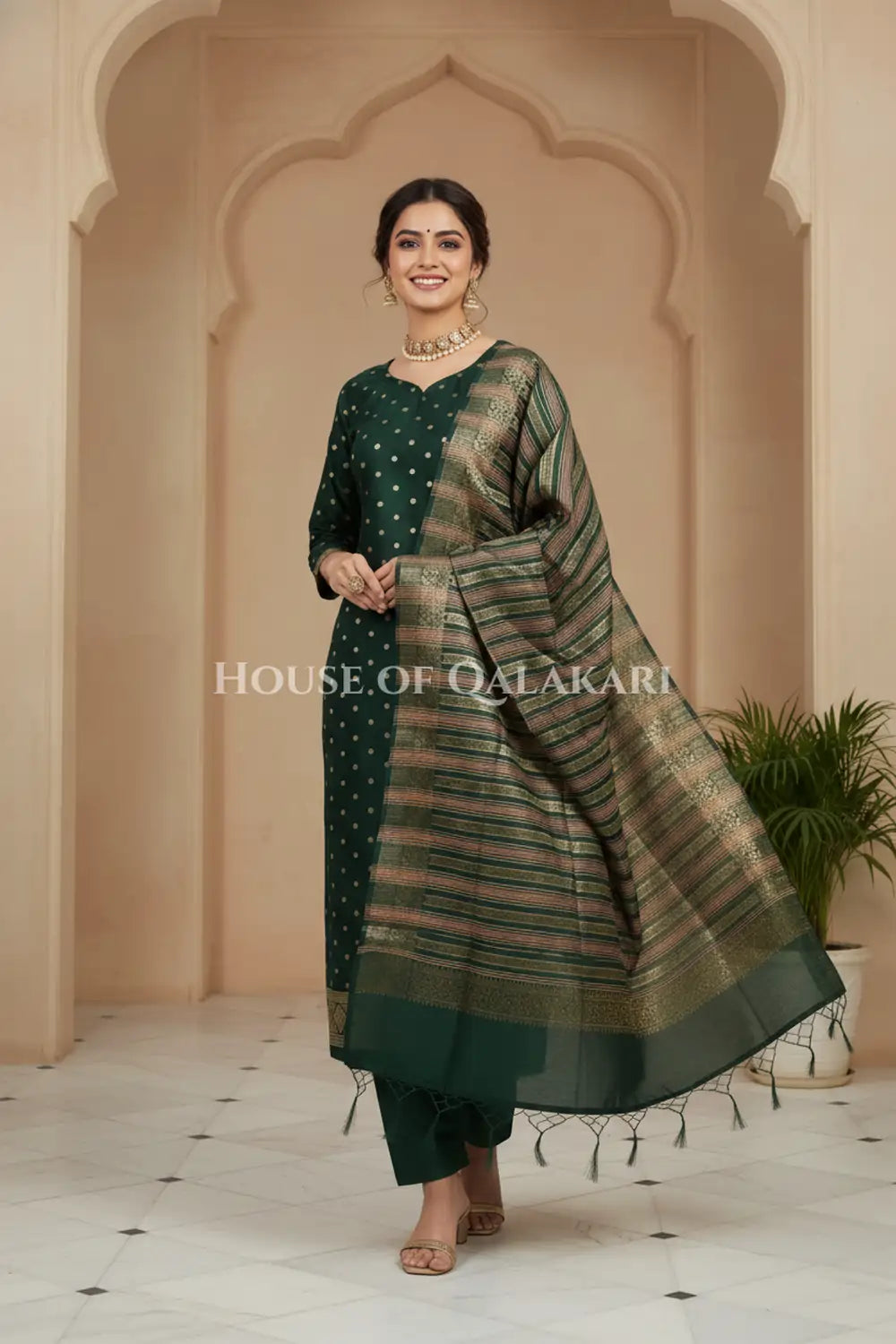 Banarasi Cotton Silk blend Unstitched Dress Material in Bottle Green and with gol buti( Polka dots) inspired work – festive pose