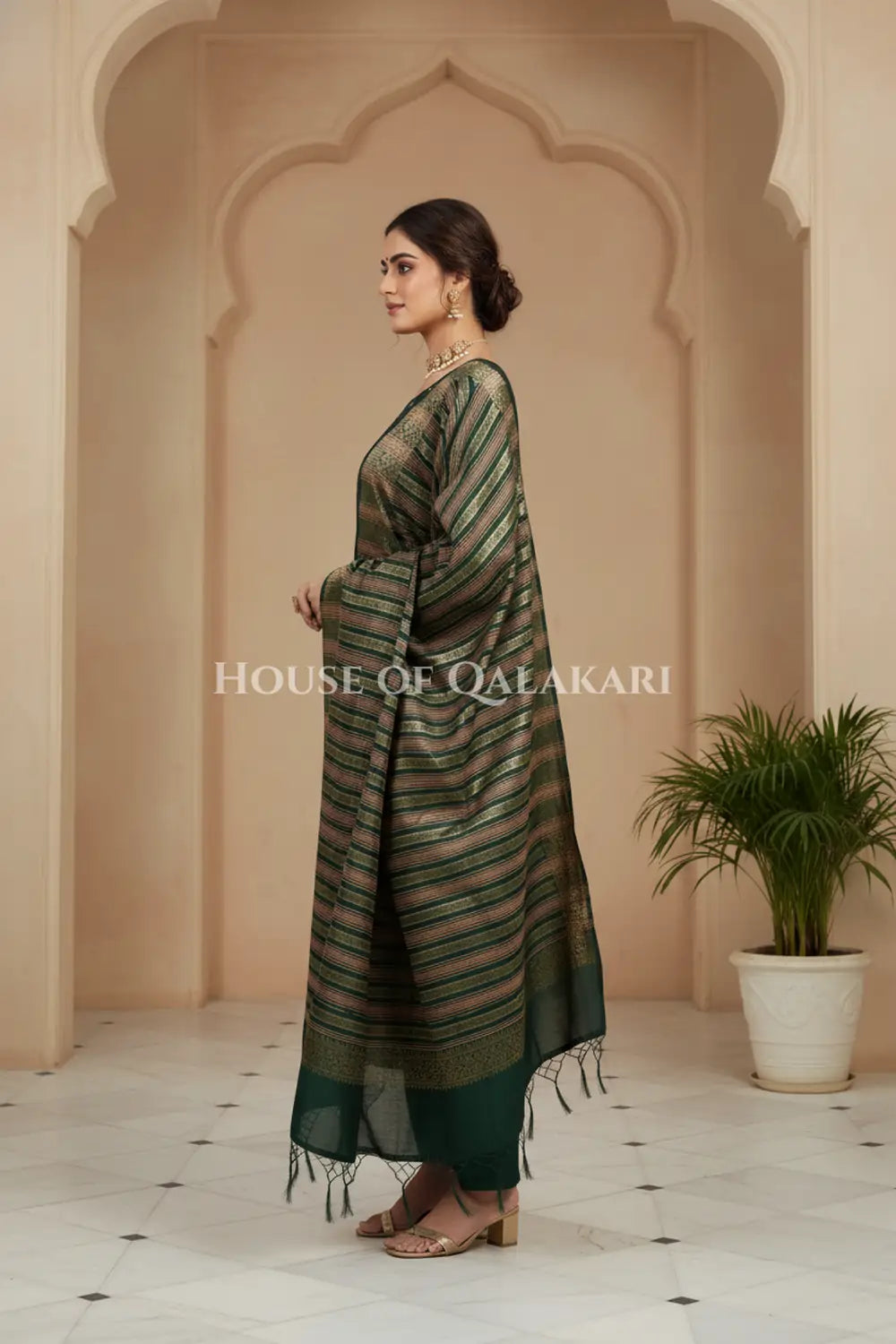 Banarasi Cotton Silk blend Unstitched Dress Material in Bottle Green and with gol buti( Polka dots) inspired work – side pose