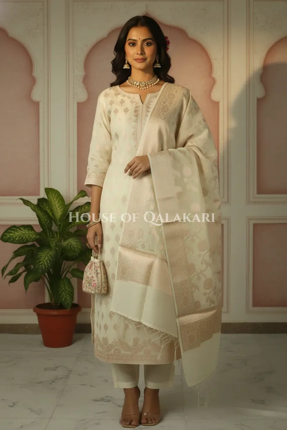 Banarasi Chanderi Cotton Unstitched Dress Material in Cream with intricate Zari Buti work – festive
