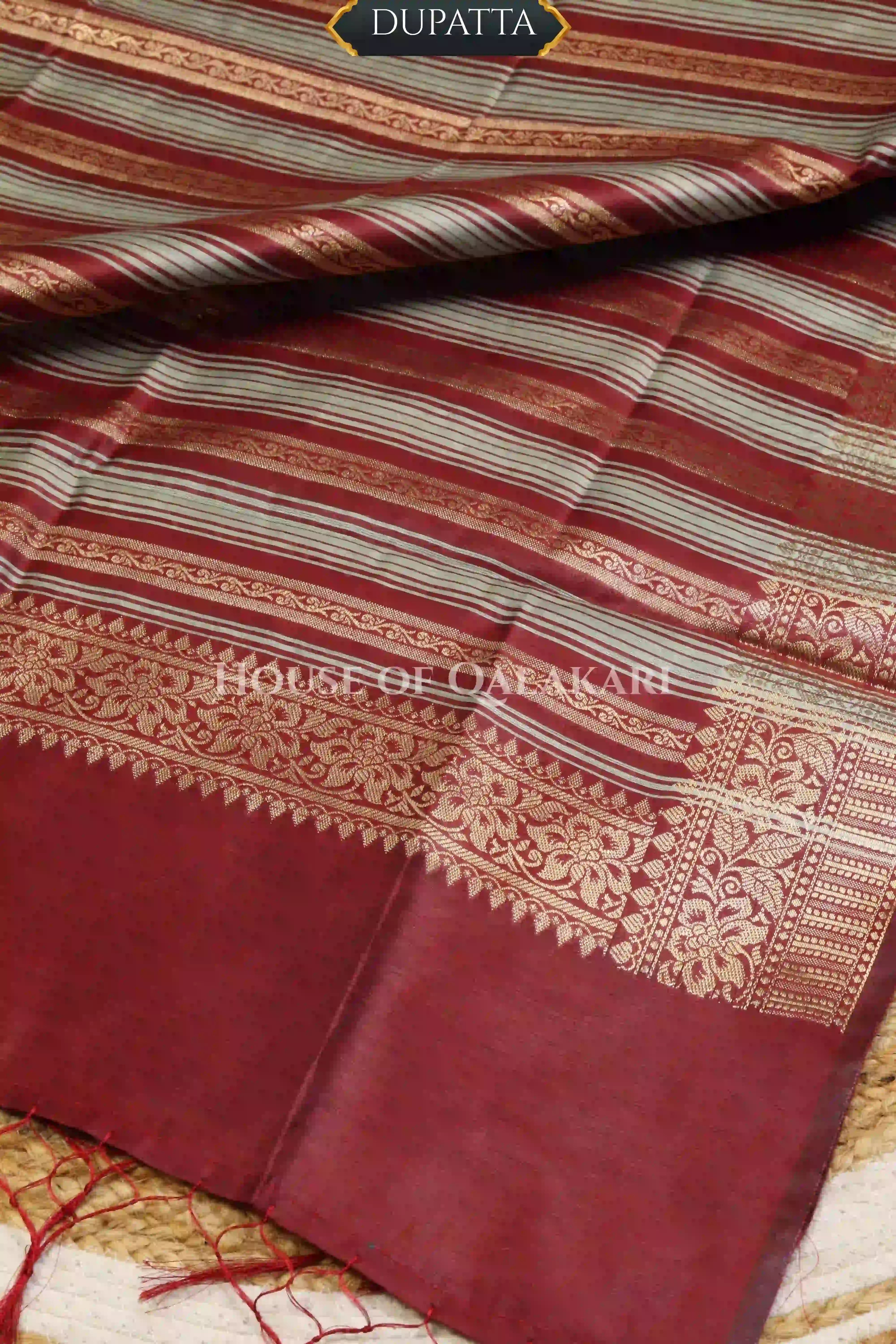Banarasi Cotton Silk blend Unstitched Dress Material in Maroon Oak and with gol buti( Polka dots) inspired work – dupatta