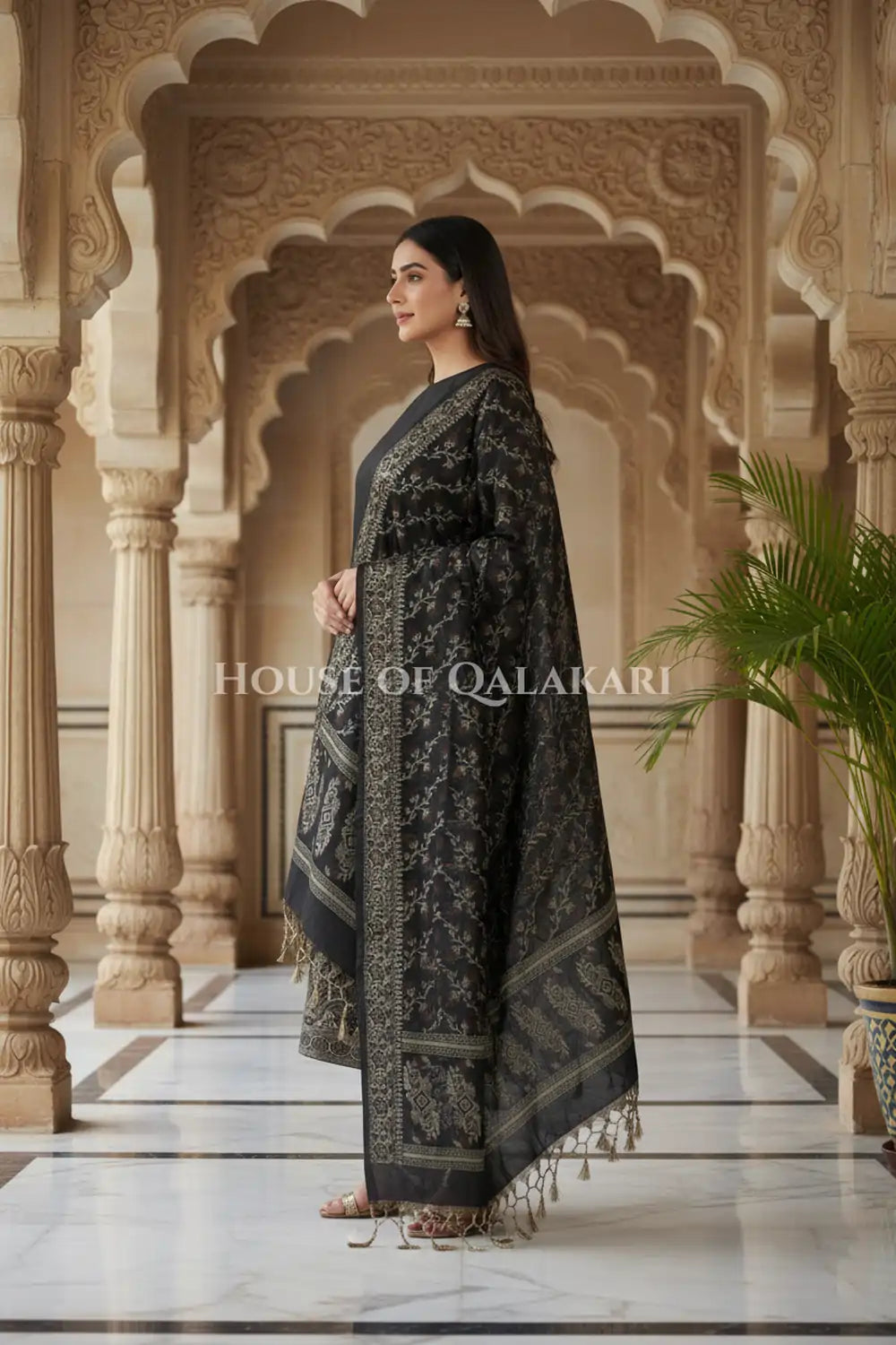 Banarasi Unstitched Dress Material in Black and with plain body and resham border and diagonally striped resham dupatta – side pose