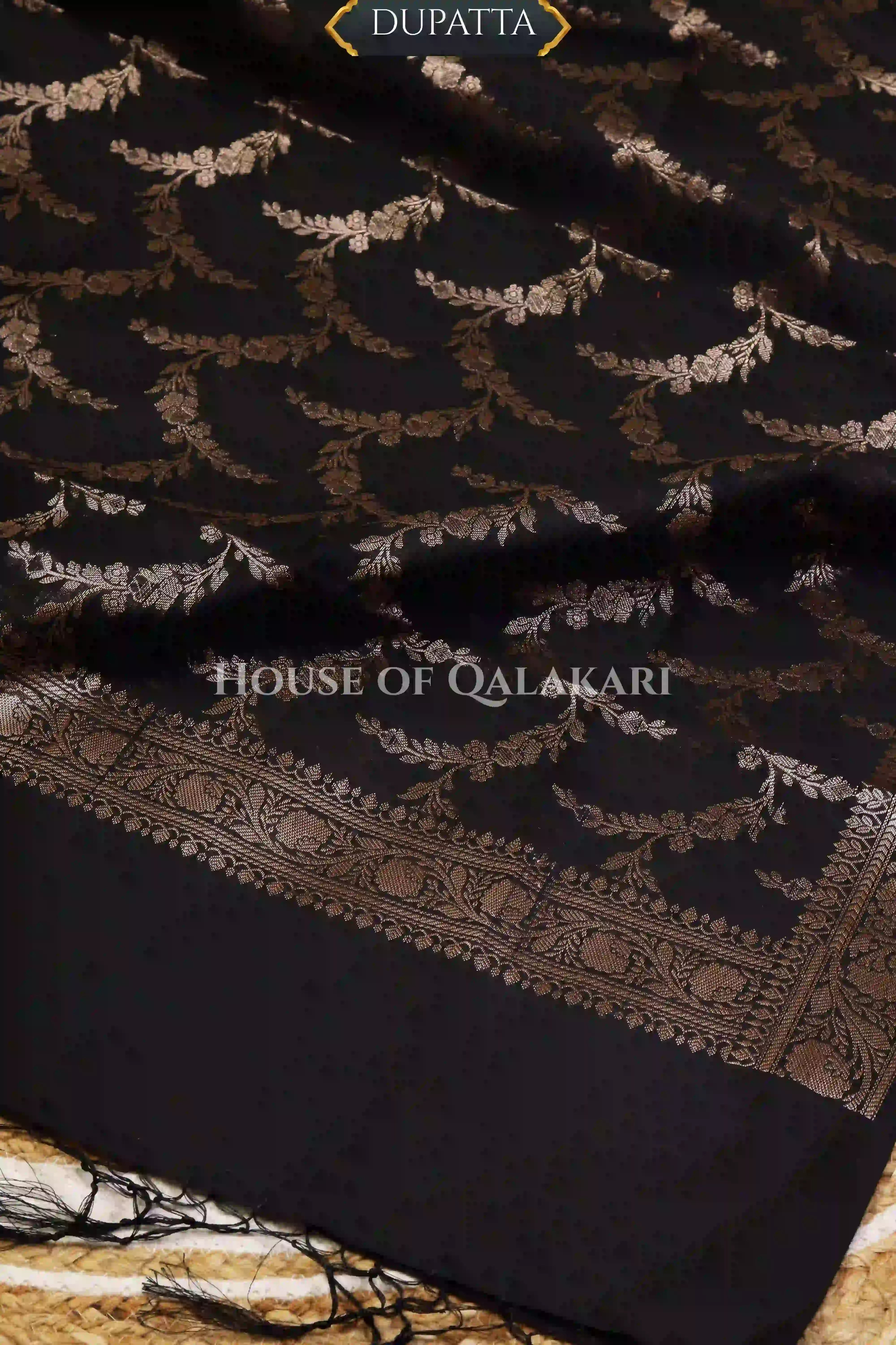 Banarasi Chanderi Cotton Unstitched Dress Material in Black and with matching floral vine jaal dupatta – dupatta