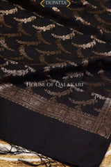 Banarasi Chanderi Cotton Unstitched Dress Material in Black and with matching floral vine jaal dupatta – dupatta
