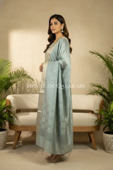 Banarasi Unstitched Dress Material in Grey diamond Chokdi resham work kurta and zari border – side pose